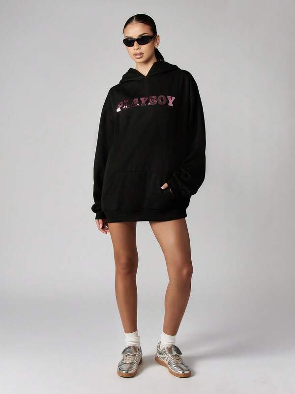 missguided Missguided x Playboy Oversized Hooded Sweatshirt Dress With Metallic Bunny Logo
