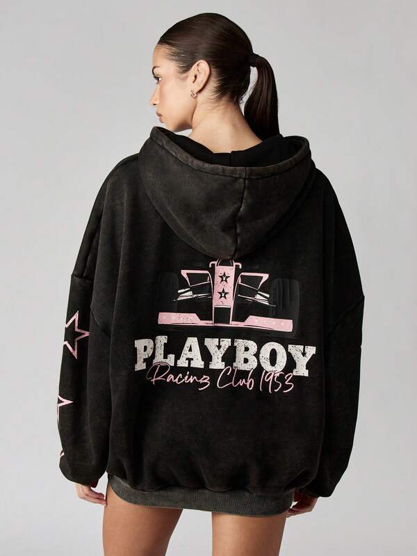 Missguided Missguided X Playboy Oversized Hooded Sweatshirt With Racing Club Design And Star Details