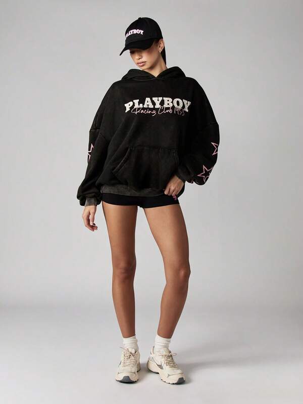 Missguided Missguided X Playboy Oversized Hooded Sweatshirt With Racing Club Design And Star Details
