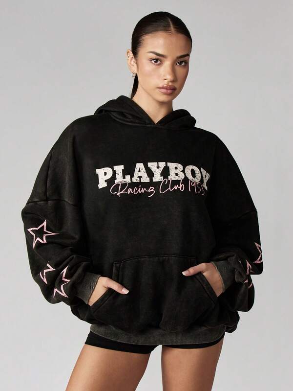 Missguided Missguided X Playboy Oversized Hooded Sweatshirt With Racing Club Design And Star Details