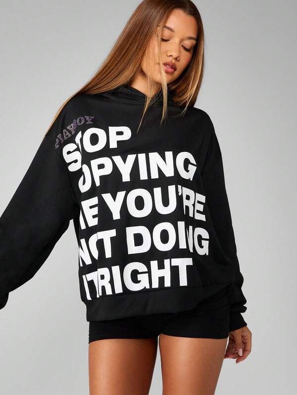 Missguided Missguided X Playboy Oversized Hooded Sweatshirt With Bold Typography Print