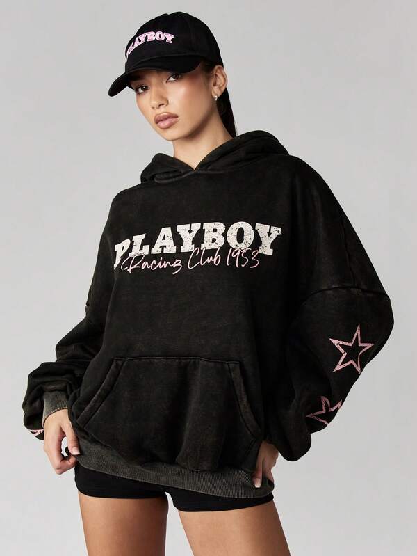 missguided Missguided x Playboy Oversized Hooded Sweatshirt With Racing Club Design And Star Details