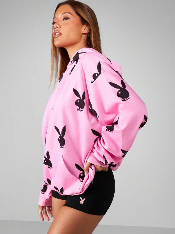 Missguided Missguided X Playboy Oversized Hoodie With Drawstring And Centre Pocket