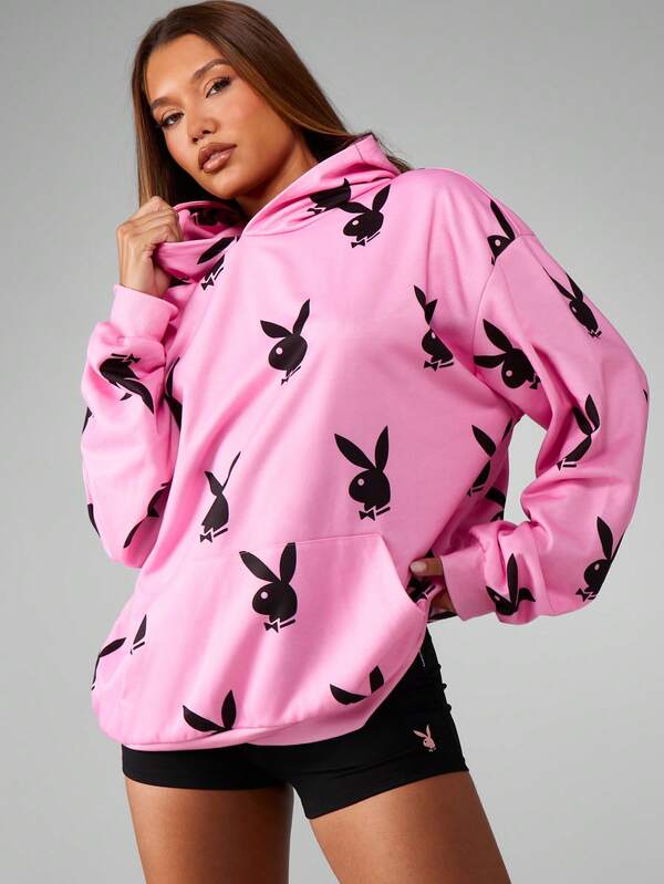 missguided Missguided x Playboy Oversized Hoodie With Drawstring And Centre Pocket