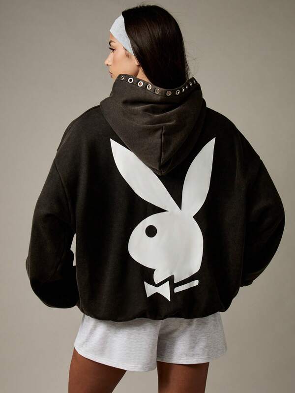 Missguided Missguided X Playboy Oversized Hoodie With Metal Eyelets And Bunny Logo