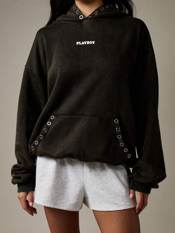 Missguided Missguided X Playboy Oversized Hoodie With Metal Eyelets And Bunny Logo