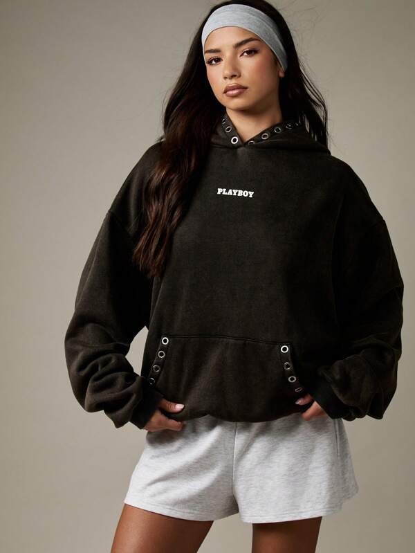 missguided Missguided x Playboy Oversized Hoodie With Metal Eyelets And Bunny Logo