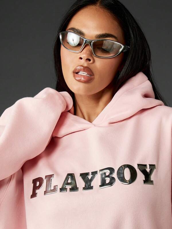 Missguided Missguided X Playboy Oversized Hoodie With Metallic Graphic Print