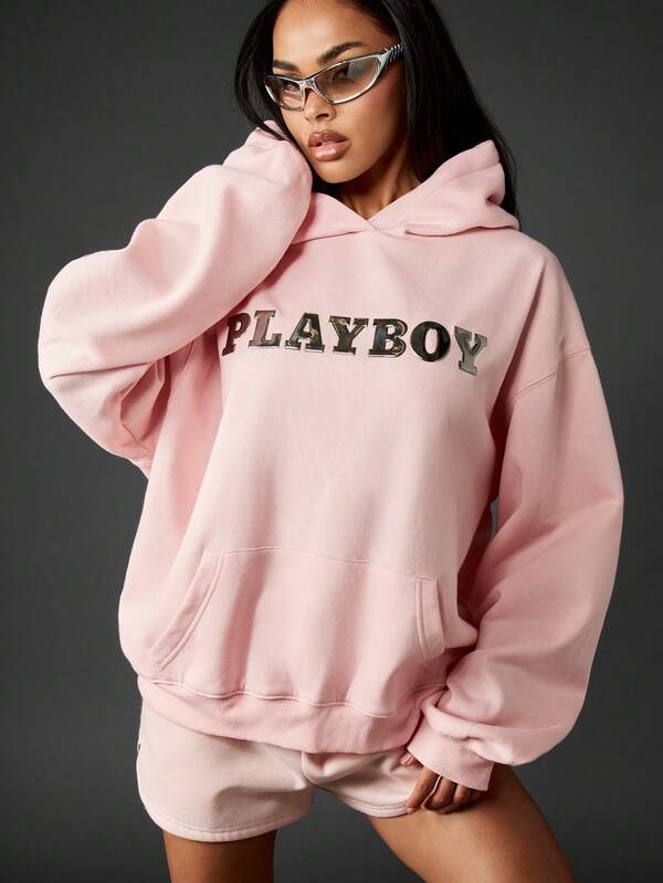 missguided Missguided x Playboy Oversized Hoodie With Metallic Graphic Print