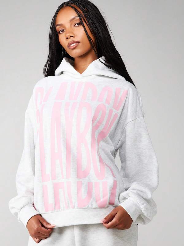 missguided Missguided x Playboy Oversized Hoodie With Pink Text Print
