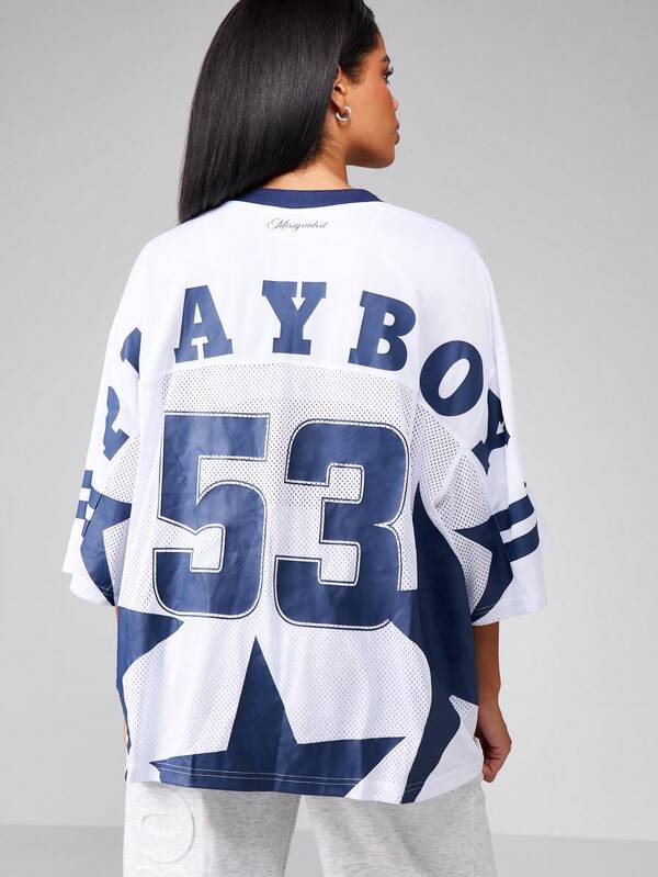 Missguided Missguided X Playboy Oversized Jersey T-Shirt With Number Print And Stripes