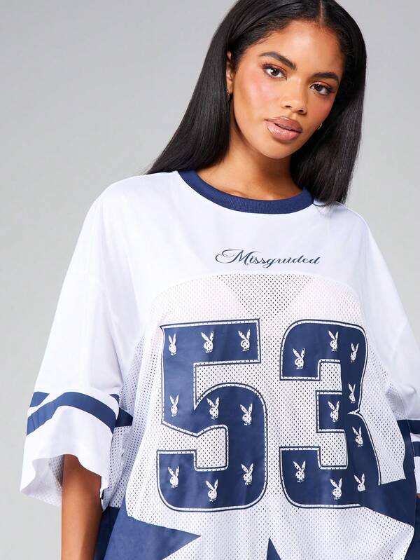 Missguided Missguided X Playboy Oversized Jersey T-Shirt With Number Print And Stripes