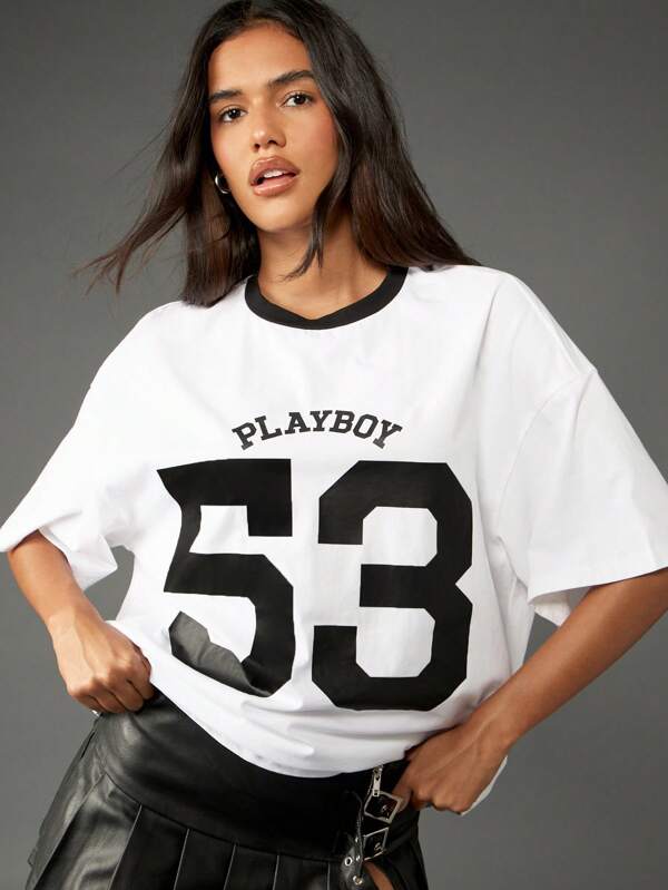missguided Missguided x Playboy Oversized Jersey T-Shirt With Varsity Number Print