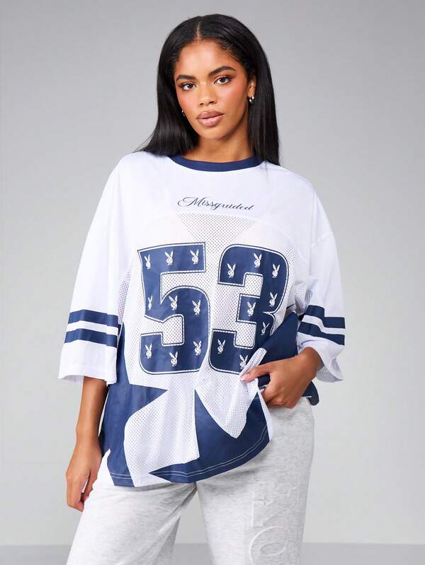 missguided Missguided x Playboy Oversized Jersey T-Shirt With Number Print And Stripes