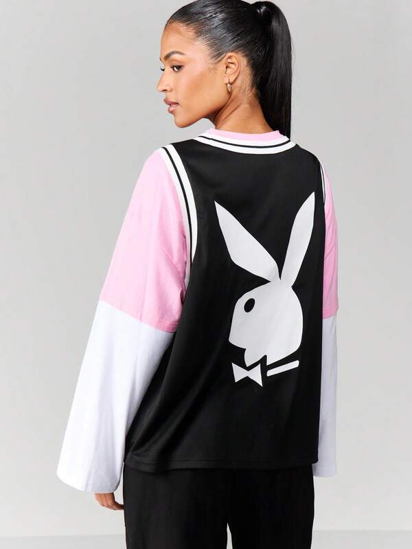 Missguided Missguided X Playboy Oversized Jersey Tee With Color Block Sleeves
