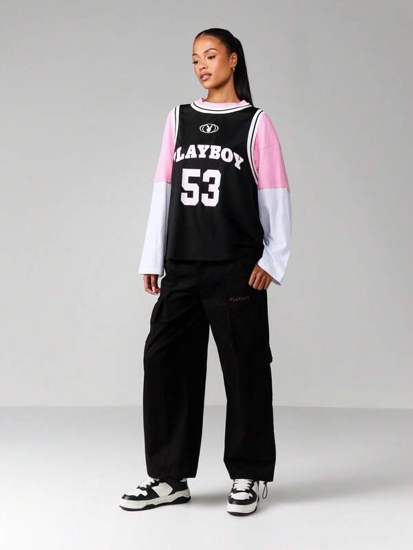 Missguided Missguided X Playboy Oversized Jersey Tee With Color Block Sleeves