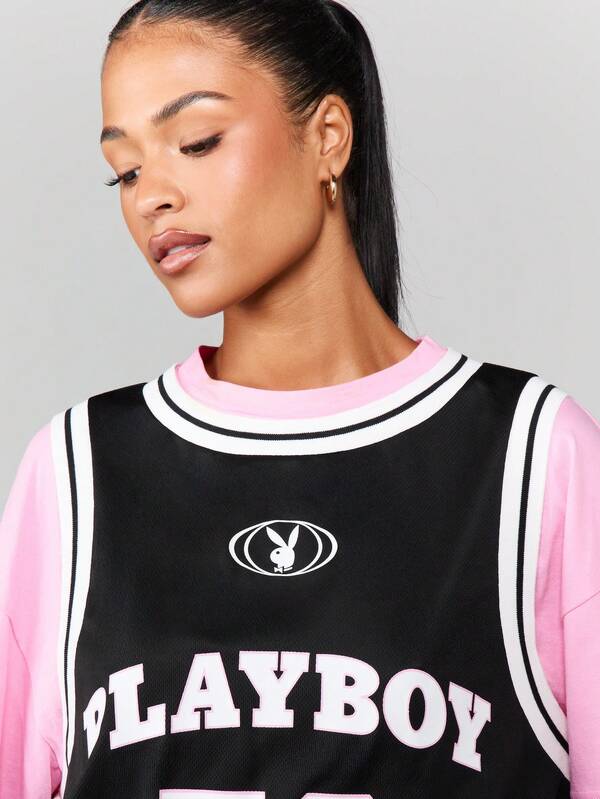 Missguided Missguided X Playboy Oversized Jersey Tee With Color Block Sleeves