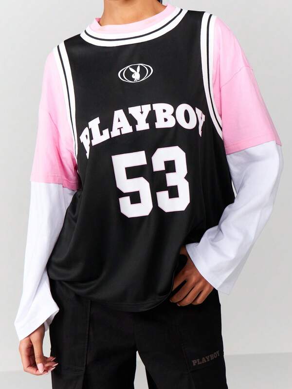 missguided Missguided x Playboy Oversized Jersey Tee With Color Block Sleeves