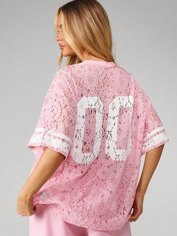 Missguided Missguided X Playboy Oversized Lace Jersey Top With Short Sleeves
