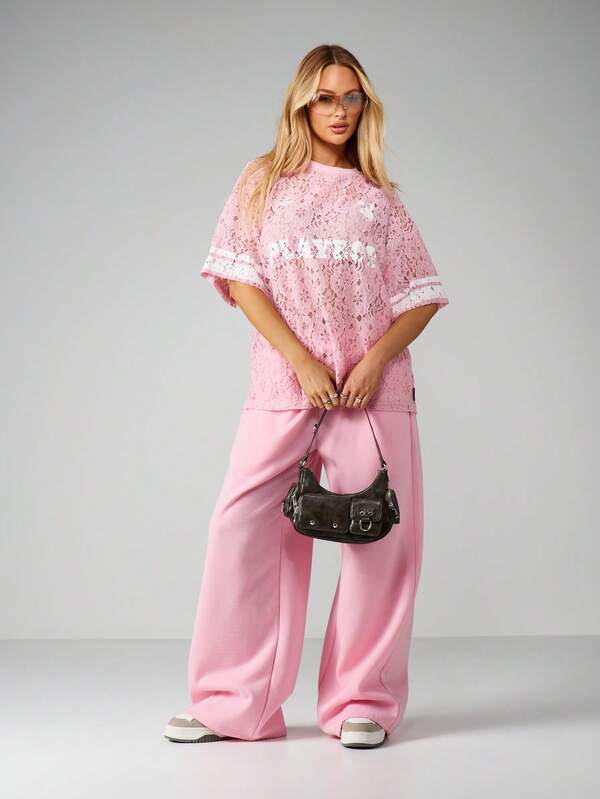 Missguided Missguided X Playboy Oversized Lace Jersey Top With Short Sleeves