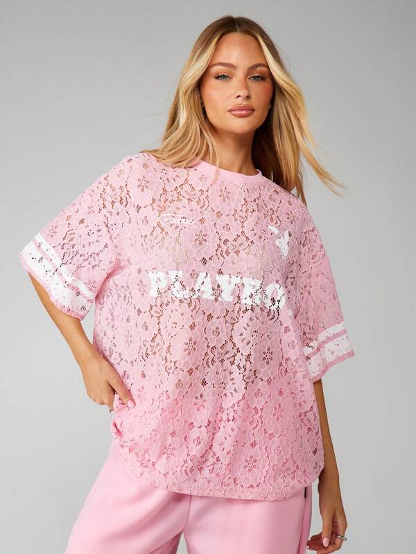 Missguided Missguided X Playboy Oversized Lace Jersey Top With Short Sleeves