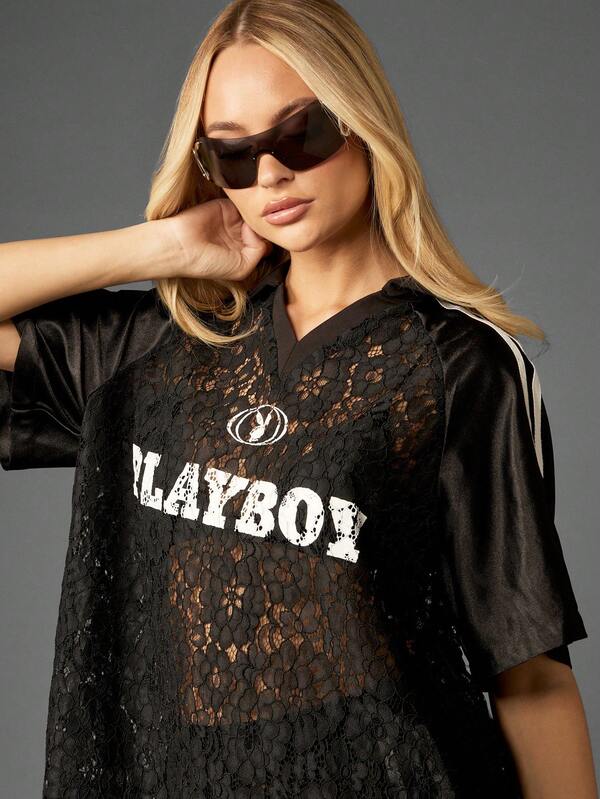 Missguided Missguided X Playboy Oversized Lace T-Shirt With Logo Print