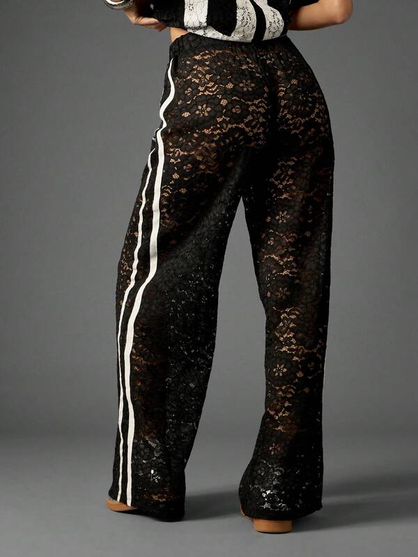 Missguided Missguided X Playboy Oversized Lace Wide Leg Pants With Side Stripe