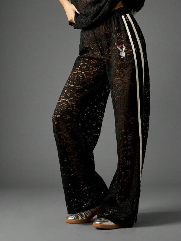 missguided Missguided x Playboy Oversized Lace Wide Leg Pants With Side Stripe