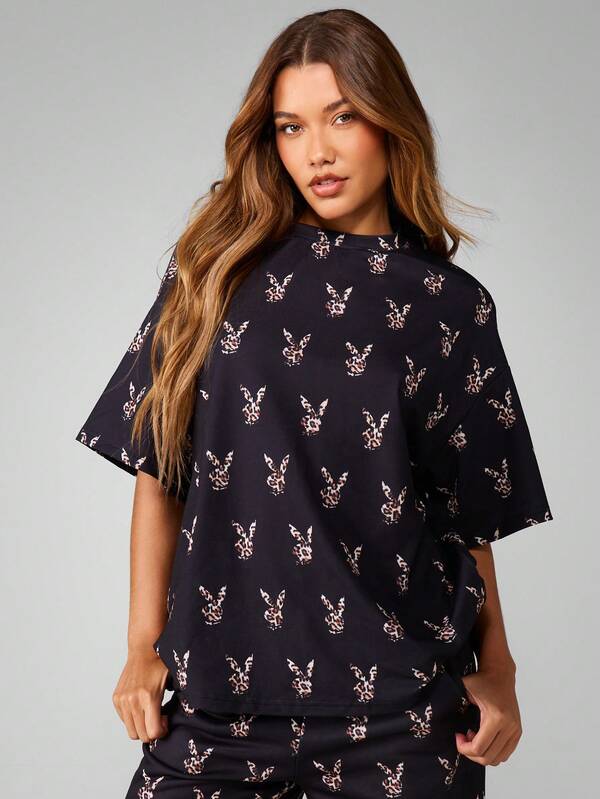 missguided Missguided x Playboy Oversized Leopard Print Crew Neck Tee