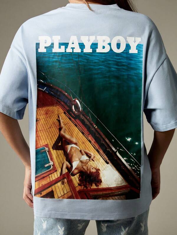 missguided Missguided x Playboy Oversized Light Blue T-Shirt With Back Print