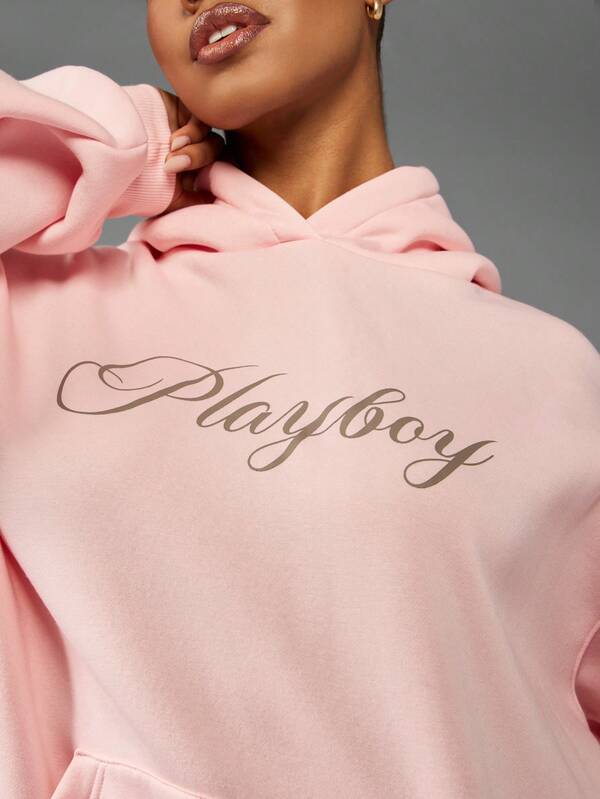 Missguided Missguided X Playboy Oversized Logo Print Hoodie With Centre Pocket