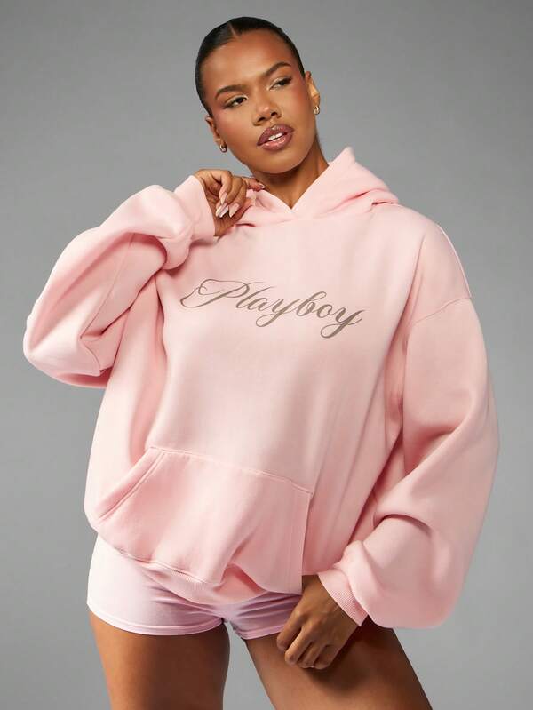 missguided Missguided x Playboy Oversized Logo Print Hoodie With Centre Pocket
