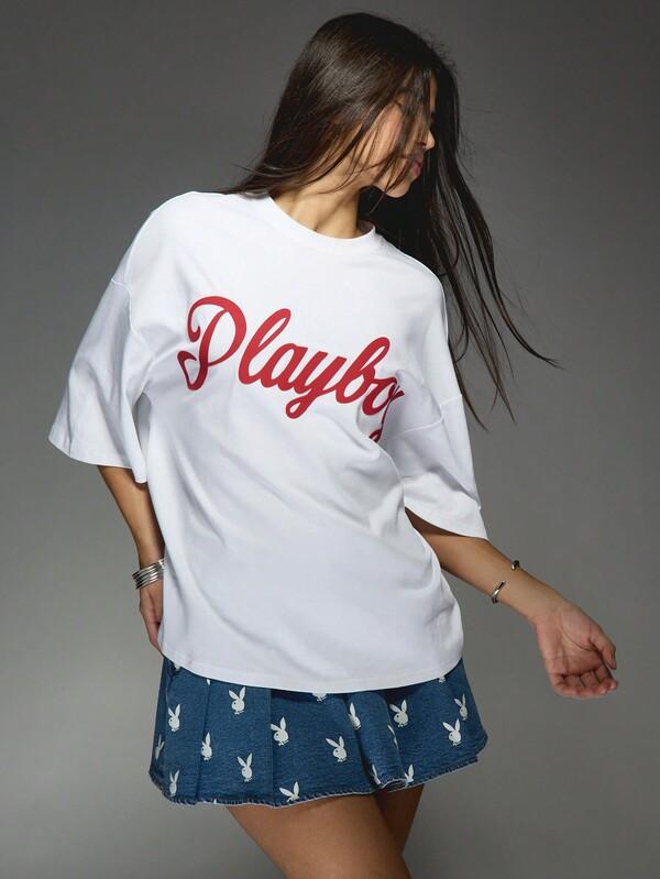 Missguided Missguided X Playboy Oversized Logo T-Shirt With Elbow Length Sleeves
