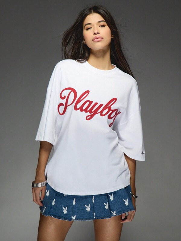 missguided Missguided x Playboy Oversized Logo T-Shirt With Elbow Length Sleeves