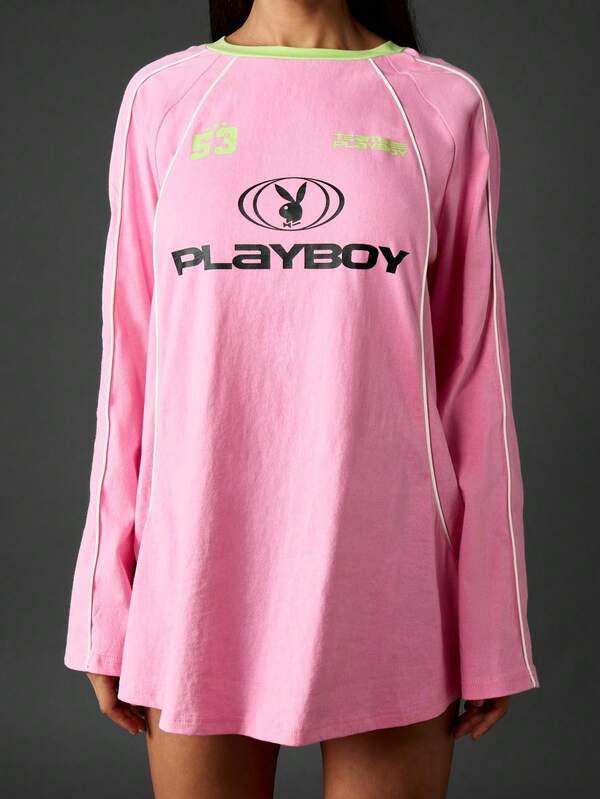 Missguided Missguided X Playboy Oversized Long Sleeve Mini T-Shirt Dress With Piping