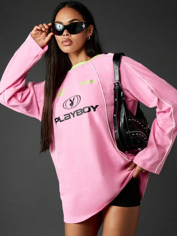 missguided Missguided x Playboy Oversized Long Sleeve Mini T-Shirt Dress With Piping