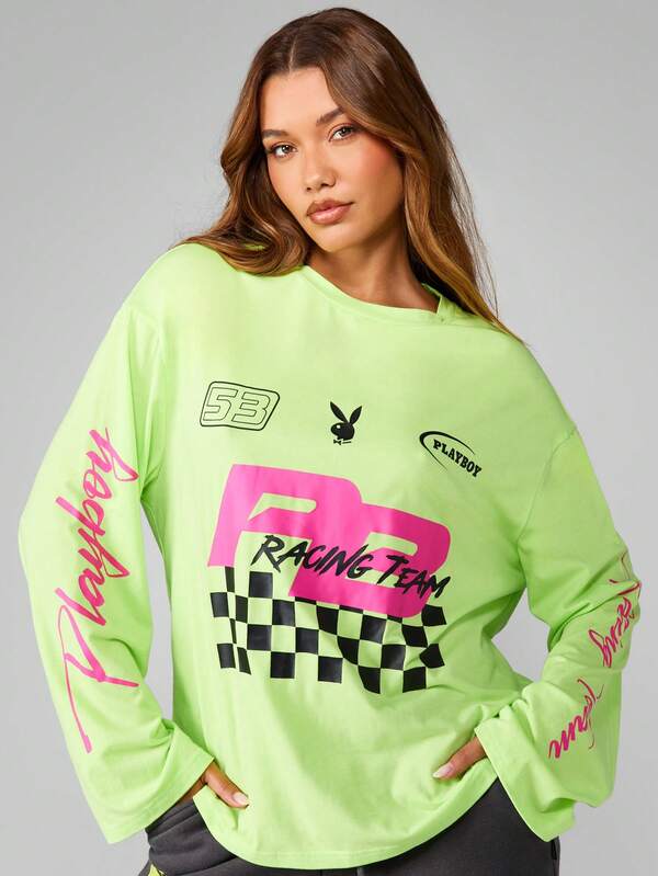 Missguided Missguided X Playboy Oversized Long Sleeve Racing Graphic Tee