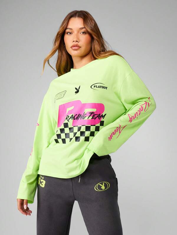 missguided Missguided x Playboy Oversized Long Sleeve Racing Graphic Tee