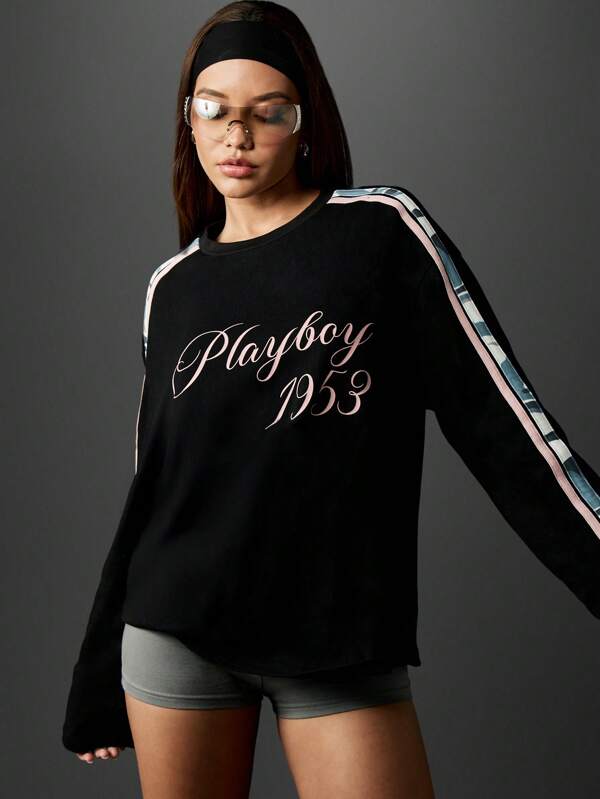 missguided Missguided x Playboy Oversized Long Sleeve Sweatshirt With Contrast Stripe Detail