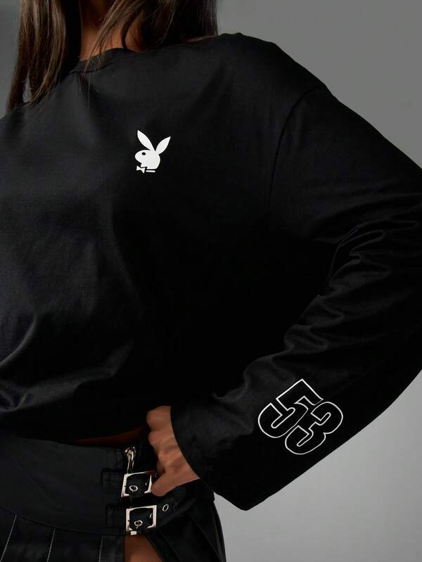 Missguided Missguided X Playboy Oversized Long Sleeve T-Shirt Racing Logo Graphic
