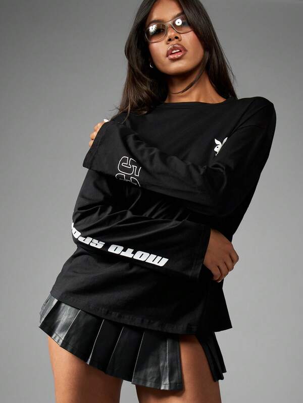 Missguided Missguided X Playboy Oversized Long Sleeve T-Shirt Racing Logo Graphic
