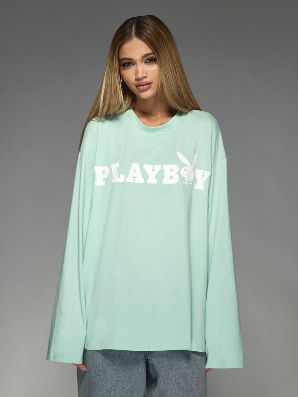 missguided Missguided x Playboy Oversized Long Sleeve T-Shirt With Logo Print