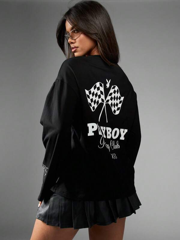missguided Missguided x Playboy Oversized Long Sleeve T-Shirt Racing Logo Graphic