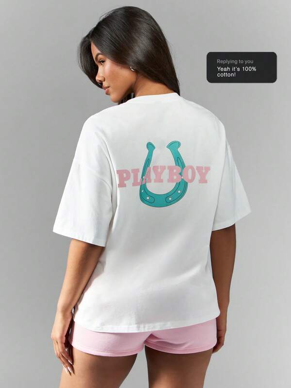 missguided Missguided x Playboy Oversized Lucky Horse Shoe Logo Short Sleeve T-Shirt