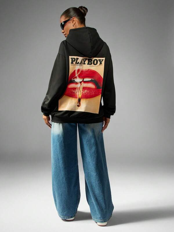 Missguided Missguided X Playboy Oversized Magazine Cover Print Hoodie Mini Dress With Long Sleeves