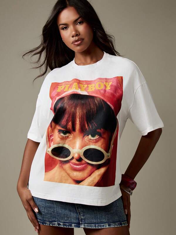 Missguided Missguided X Playboy Oversized Magazine Cover Print T Shirt With Retro Design