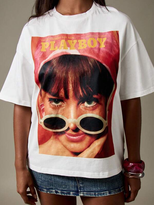 missguided Missguided x Playboy Oversized Magazine Cover Print T Shirt With Retro Design
