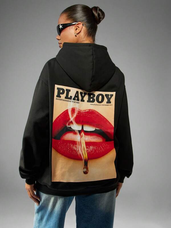 missguided Missguided x Playboy Oversized Magazine Cover Print Hoodie Mini Dress With Long Sleeves