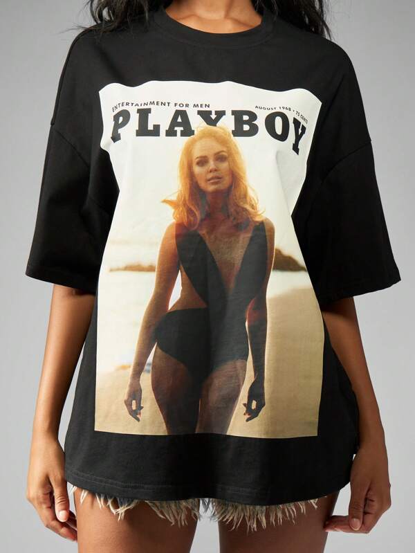 missguided Missguided x Playboy Oversized Magazine Cover T Shirt With Retro Print