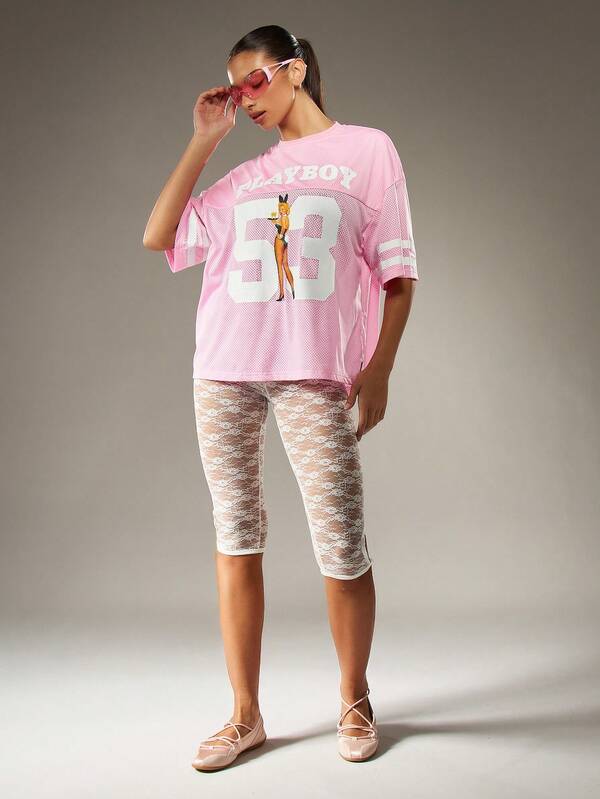 Missguided Missguided X Playboy Oversized Mesh Graphic T-Shirt With Number Print